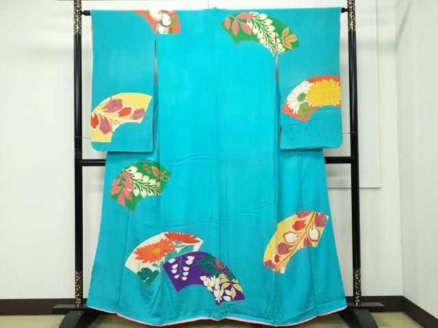 平和屋着物●極上　アンティーク　大正ロマン　小振袖　地紙草花文　金彩　青緑色地　逸品　CZAA4552s6