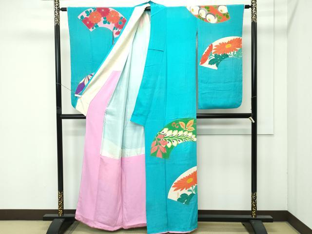 平和屋着物●極上　アンティーク　大正ロマン　小振袖　地紙草花文　金彩　青緑色地　逸品　CZAA4552s6