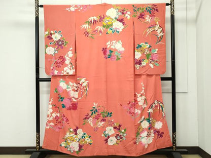平和屋着物●極上　アンティーク　大正ロマン　小振袖　草花文　金彩　鉛丹色地　逸品　CZAA4553s6