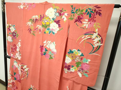 平和屋着物●極上　アンティーク　大正ロマン　小振袖　草花文　金彩　鉛丹色地　逸品　CZAA4553s6