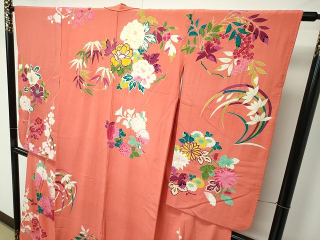 平和屋着物●極上　アンティーク　大正ロマン　小振袖　草花文　金彩　鉛丹色地　逸品　CZAA4553s6
