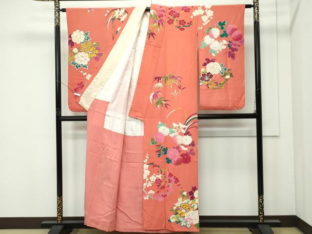 平和屋着物●極上　アンティーク　大正ロマン　小振袖　草花文　金彩　鉛丹色地　逸品　CZAA4553s6