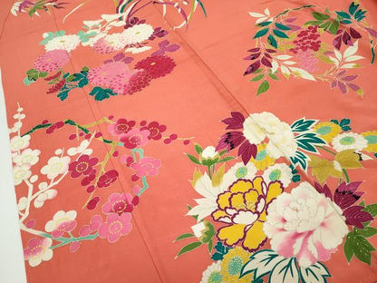 平和屋着物●極上　アンティーク　大正ロマン　小振袖　草花文　金彩　鉛丹色地　逸品　CZAA4553s6