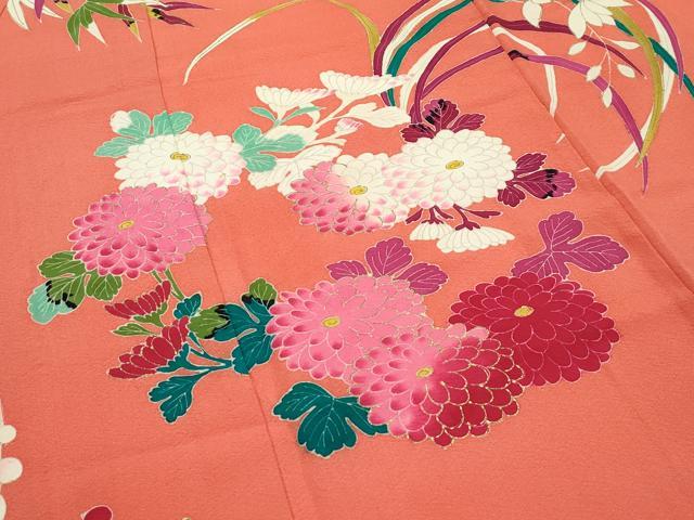平和屋着物●極上　アンティーク　大正ロマン　小振袖　草花文　金彩　鉛丹色地　逸品　CZAA4553s6