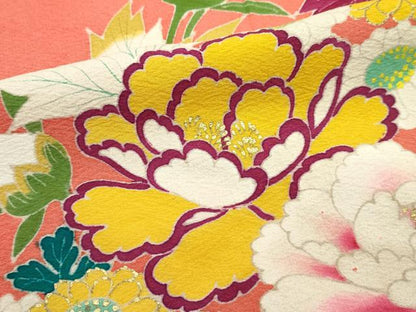 平和屋着物●極上　アンティーク　大正ロマン　小振袖　草花文　金彩　鉛丹色地　逸品　CZAA4553s6