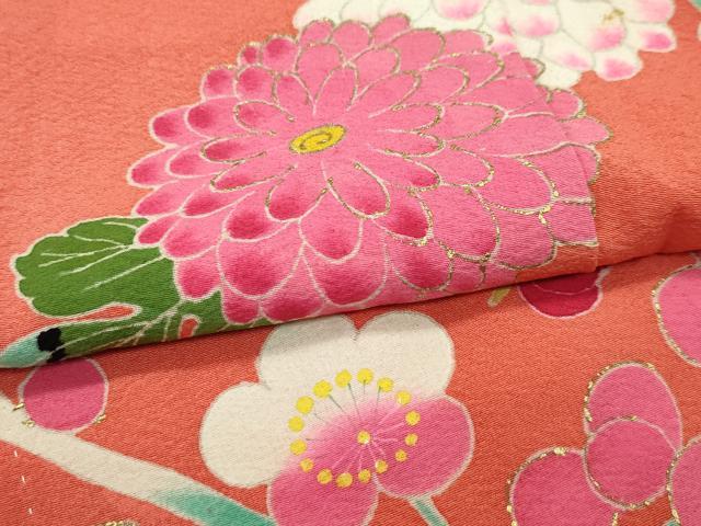 平和屋着物●極上　アンティーク　大正ロマン　小振袖　草花文　金彩　鉛丹色地　逸品　CZAA4553s6