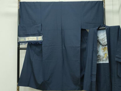 平和屋着物●極上　男性　生紬　アンサンブル　色無地　藍鉄色　証紙付き　逸品　CZAA4559s6