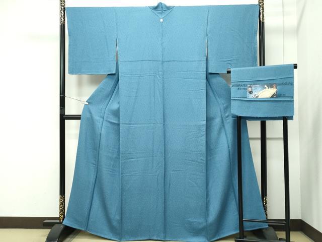 平和屋着物●極上　色無地　錆浅葱色　舞葉地紋　反端付き　逸品　CZAA4569s6