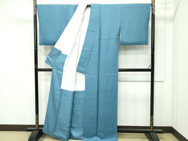 平和屋着物●極上　色無地　錆浅葱色　舞葉地紋　反端付き　逸品　CZAA4569s6