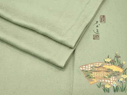 平和屋着物●極上　螺鈿作家　甲斐泰造　色無地　柳茶色　花唐草地紋　やまと誂製　逸品　CZAA4612s6