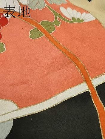 平和屋着物●極上　アンティーク　大正ロマン　振袖　駒刺繍　松竹梅檜扇花文　黒地　金彩　逸品　CZAA4619s6