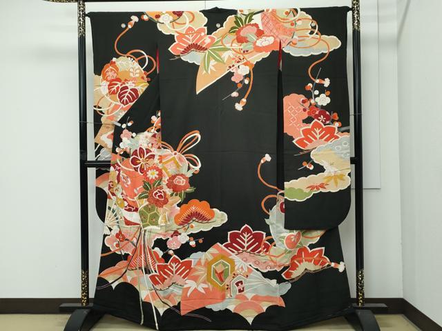 平和屋着物●極上　アンティーク　大正ロマン　振袖　駒刺繍　松竹梅檜扇花文　黒地　金彩　逸品　CZAA4619s6