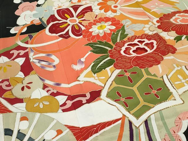 平和屋着物●極上　アンティーク　大正ロマン　振袖　駒刺繍　松竹梅檜扇花文　黒地　金彩　逸品　CZAA4619s6