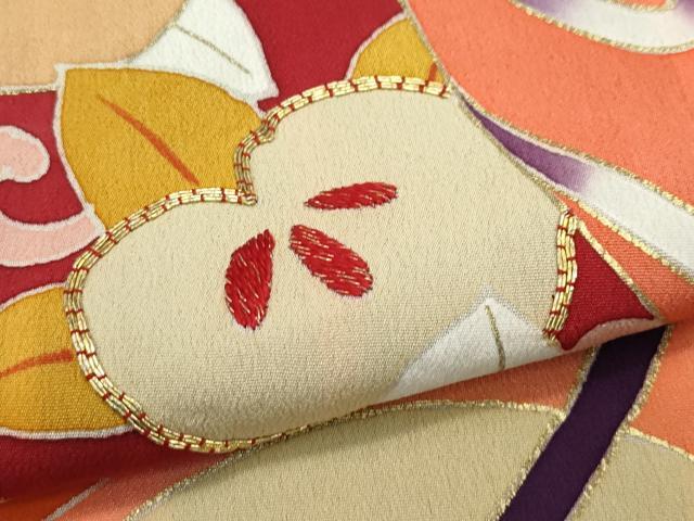 平和屋着物●極上　アンティーク　大正ロマン　振袖　駒刺繍　松竹梅檜扇花文　黒地　金彩　逸品　CZAA4619s6