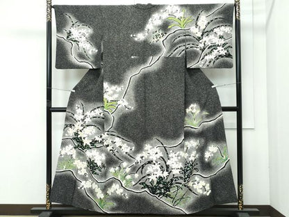 平和屋本店●極上　訪問着　作家物　川勝　草花文　たたき染め　黒地　金彩　逸品　CZAA4628s6