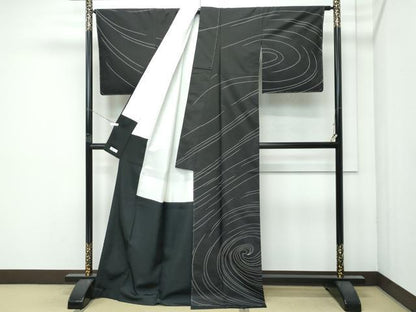 平和屋本店●極上　訪問着　紬地　刺し子　渦巻　黒地　逸品　未使用　CZAA4629s6