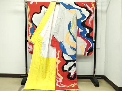 平和屋本店●希少 芸術家 岡本太郎 お引きずり・お引き摺り・引き振袖 和装 結婚式 舞妓 芸妓 芸者 墨流し文様 銀通し地 逸品 CZAA4645s6
