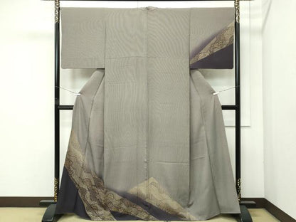 平和屋着物●極上　印傳　訪問着　江戸小紋　万筋　黒紅×亜麻色　草花文　暈し染め　逸品　CZAA4649s6