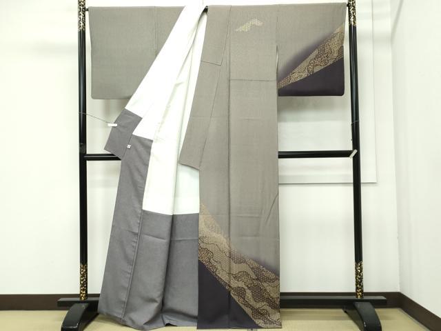 平和屋着物●極上　印傳　訪問着　江戸小紋　万筋　黒紅×亜麻色　草花文　暈し染め　逸品　CZAA4649s6