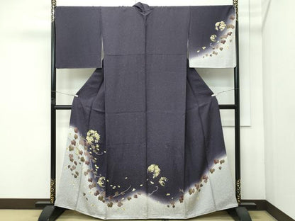 平和屋着物●極上　訪問着　草花文　暈し染め　紫黒色地　逸品　CZAA4665s6