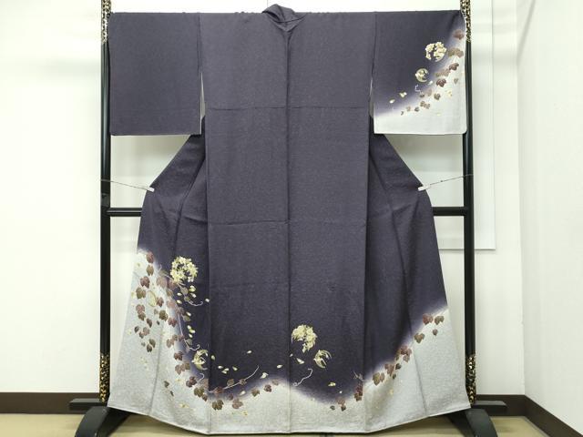平和屋着物●極上　訪問着　草花文　暈し染め　紫黒色地　逸品　CZAA4665s6