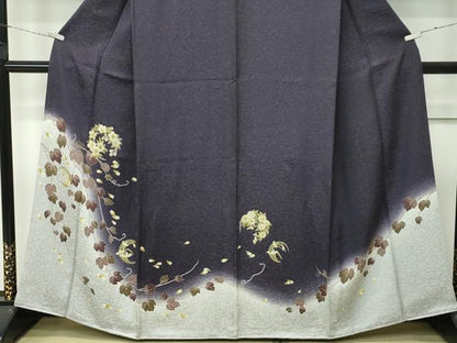 平和屋着物●極上　訪問着　草花文　暈し染め　紫黒色地　逸品　CZAA4665s6