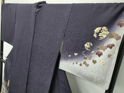 平和屋着物●極上　訪問着　草花文　暈し染め　紫黒色地　逸品　CZAA4665s6
