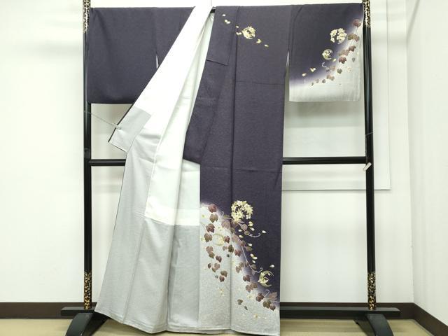 平和屋着物●極上　訪問着　草花文　暈し染め　紫黒色地　逸品　CZAA4665s6