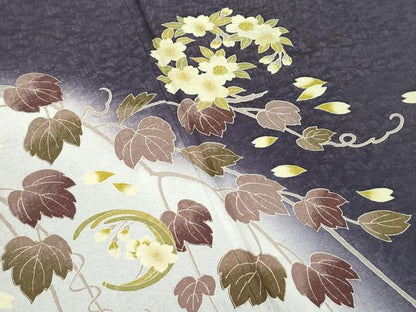 平和屋着物●極上　訪問着　草花文　暈し染め　紫黒色地　逸品　CZAA4665s6