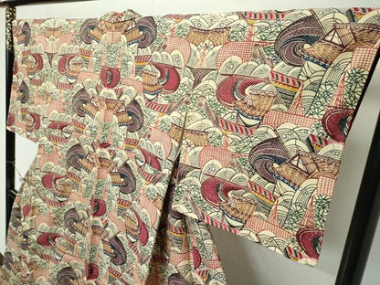 平和屋本店●最高級　城間栄順　本場琉球紅型　小紋　波濤に帆船文様　カラーコピー付き　逸品　未使用　CZAA4678s6