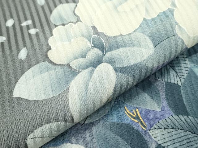 平和屋着物●極上　東京友禅　菅有鬼一　訪問着　椿　暈し染め　金銀彩　ストーングレイ色地　反端付き　逸品　CZAA4683s6 平和屋着物○極上 東京友禅 菅有鬼一 訪問着 椿 暈し