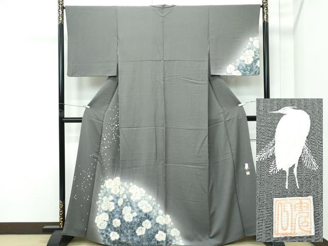 平和屋着物●極上　東京友禅　菅有鬼一　訪問着　椿　暈し染め　金銀彩　ストーングレイ色地　反端付き　逸品　CZAA4683s6 平和屋着物○極上 東京友禅 菅有鬼一 訪問着 椿 暈し