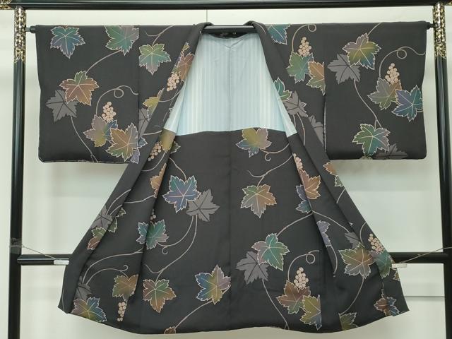 平和屋着物＃極上　長羽織　葡萄蔦の葉文　鬼しぼ縮緬　檳榔子染色地　逸品　未使用　CZAA4694s6