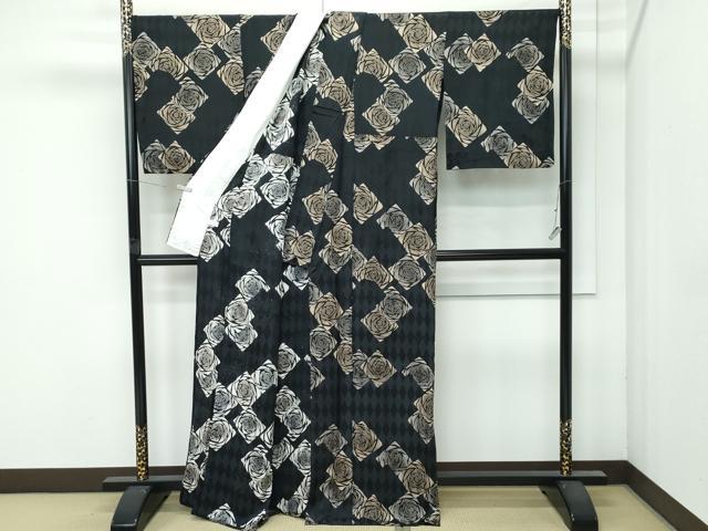 平和屋着物▽極上 小紋 単衣 薔薇 バラ 黒地 逸品 CZAA4699s6