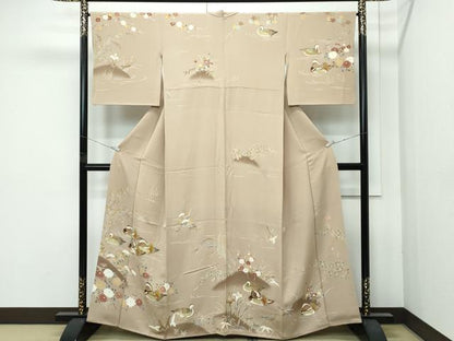 平和屋本店●極上　本加賀友禅作家　木村雨山画　染色工芸作家　吉田芳彩作　訪問着　鴛鴦草花文　暈し染め　枯色地　逸品　CZAA5772s6