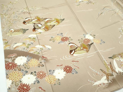 平和屋本店●極上　本加賀友禅作家　木村雨山画　染色工芸作家　吉田芳彩作　訪問着　鴛鴦草花文　暈し染め　枯色地　逸品　CZAA5772s6