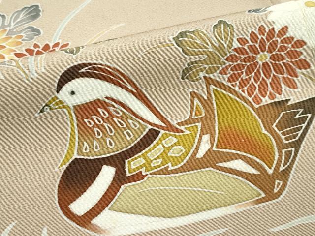 平和屋本店●極上　本加賀友禅作家　木村雨山画　染色工芸作家　吉田芳彩作　訪問着　鴛鴦草花文　暈し染め　枯色地　逸品　CZAA5772s6