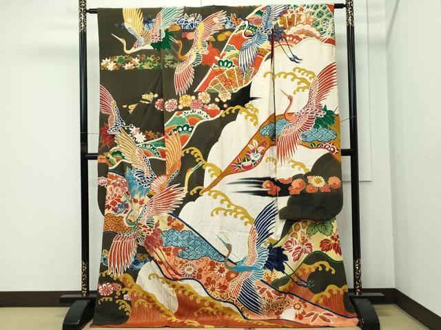 平和屋本店●極上　アンティーク　大正ロマン　振袖　駒刺繍　立波飛鶴花文　金銀糸　逸品　CZAA4718s6 平和屋本店○極上 アンティーク 大正ロマン 振袖 駒刺繍 立波飛鶴花文