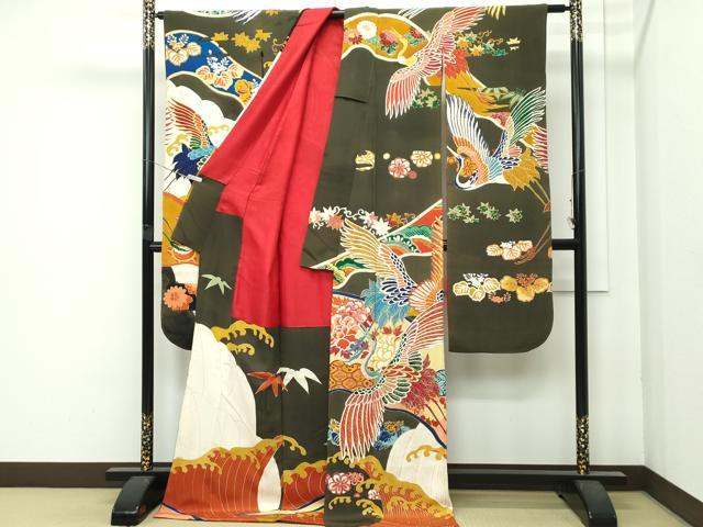 平和屋本店●極上　アンティーク　大正ロマン　振袖　駒刺繍　立波飛鶴花文　金銀糸　逸品　CZAA4718s6