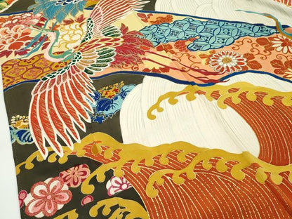 平和屋本店●極上　アンティーク　大正ロマン　振袖　駒刺繍　立波飛鶴花文　金銀糸　逸品　CZAA4718s6