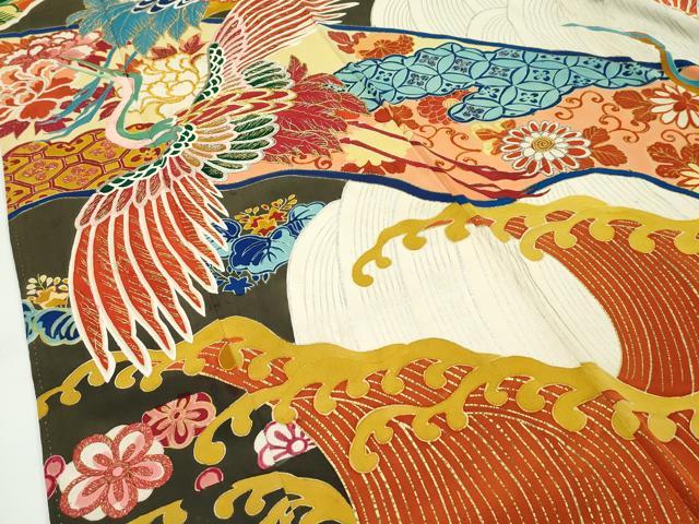 平和屋本店●極上　アンティーク　大正ロマン　振袖　駒刺繍　立波飛鶴花文　金銀糸　逸品　CZAA4718s6