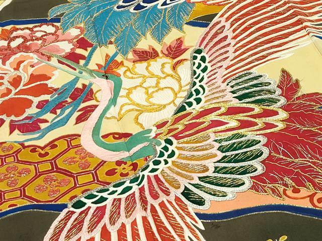 平和屋本店●極上　アンティーク　大正ロマン　振袖　駒刺繍　立波飛鶴花文　金銀糸　逸品　CZAA4718s6