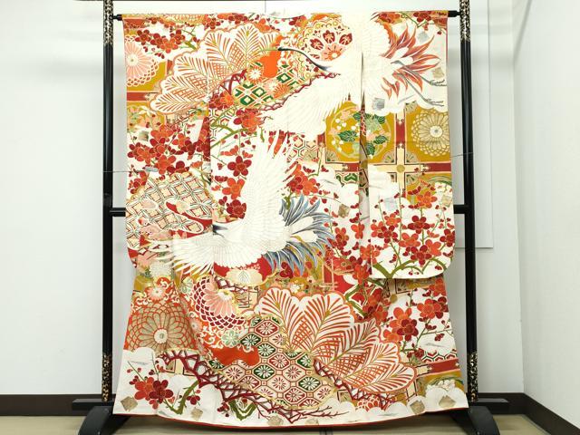 平和屋本店●極上　アンティーク　大正ロマン　振袖　駒刺繍　飛鶴花松文　金銀彩　逸品　CZAA4719s6