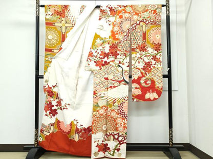平和屋本店●極上　アンティーク　大正ロマン　振袖　駒刺繍　飛鶴花松文　金銀彩　逸品　CZAA4719s6
