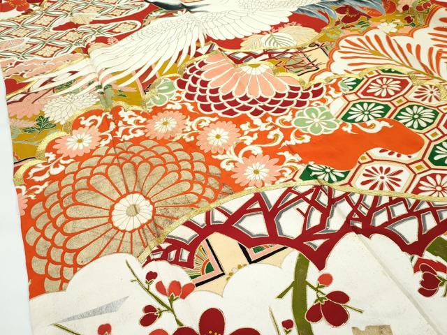 平和屋本店●極上　アンティーク　大正ロマン　振袖　駒刺繍　飛鶴花松文　金銀彩　逸品　CZAA4719s6