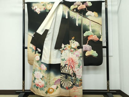 平和屋着物●極上　アンティーク　大正ロマン　振袖　刺繍　花車文　暈し染め　黒地　金彩　逸品　CZAA4720s6