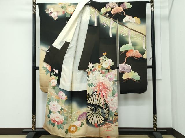 平和屋着物●極上　アンティーク　大正ロマン　振袖　刺繍　花車文　暈し染め　黒地　金彩　逸品　CZAA4720s6