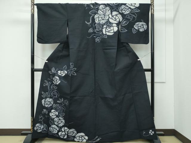 平和屋着物∴極上　夏物　浴衣　訪問着　有松鳴海絞り　バラ　薔薇　濃紺地　綿　逸品　CZAA4728s6