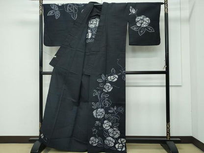 平和屋着物∴極上　夏物　浴衣　訪問着　有松鳴海絞り　バラ　薔薇　濃紺地　綿　逸品　CZAA4728s6