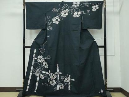平和屋着物∴極上 夏物 浴衣 訪問着 有松鳴海絞り 朝顔 黒緑色地 綿 逸品 CZAA4729s6